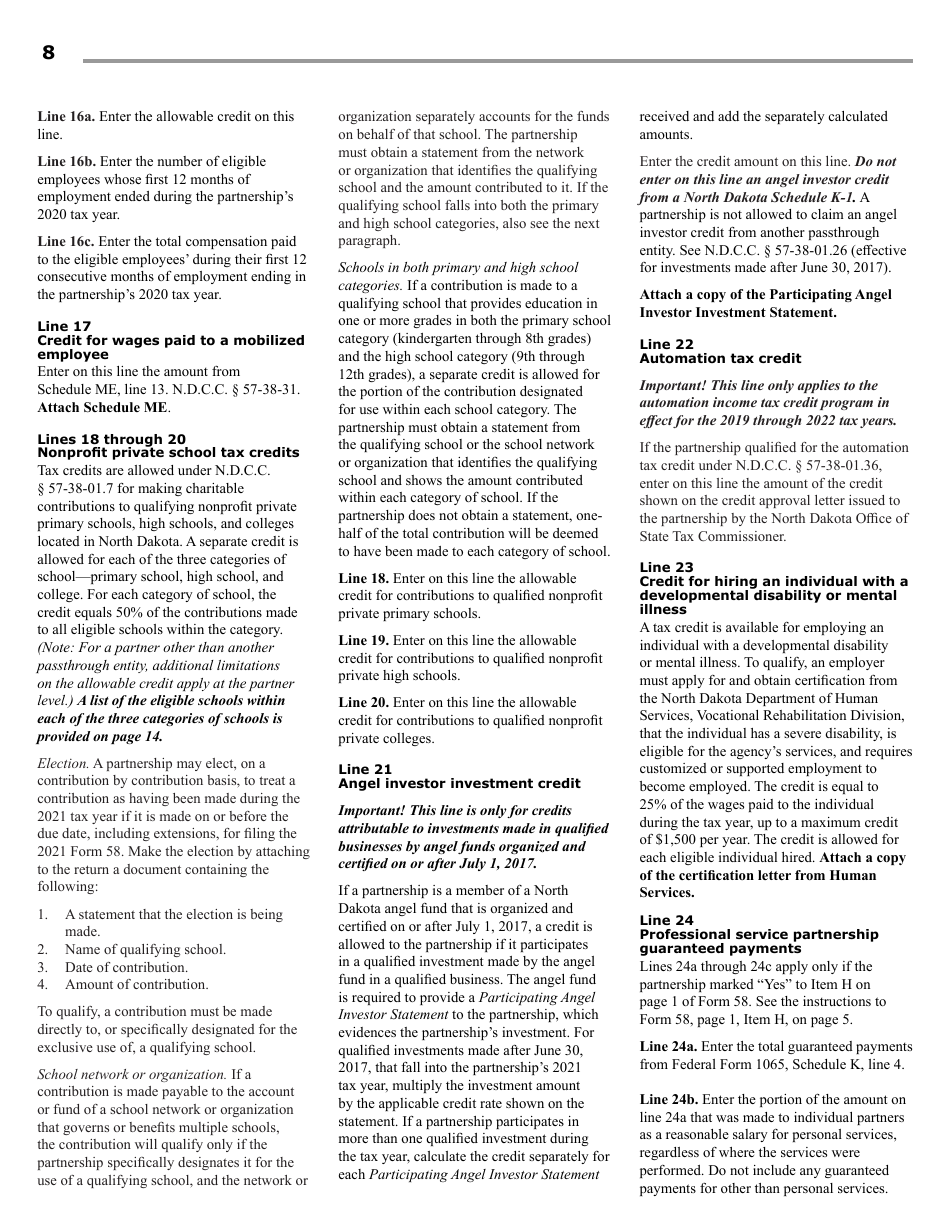 Instructions for Form 58, SFN28703 Partnership Income Tax Return - North Dakota, Page 10