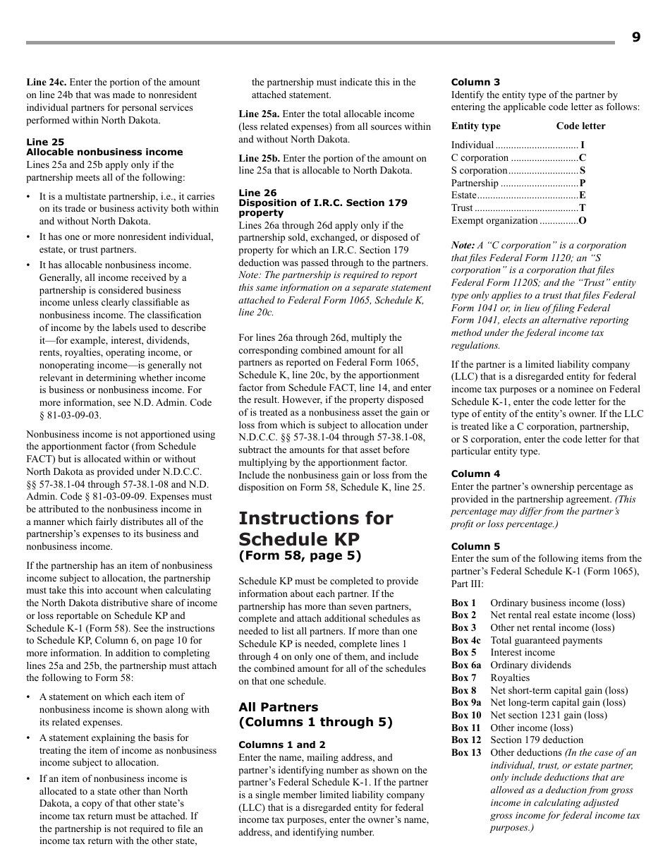 Instructions for Form 58, SFN28703 Partnership Income Tax Return - North Dakota, Page 11