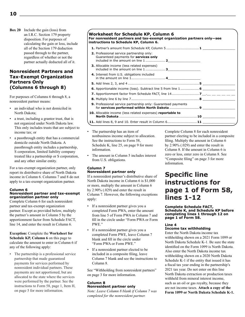 Instructions for Form 58, SFN28703 Partnership Income Tax Return - North Dakota, Page 12