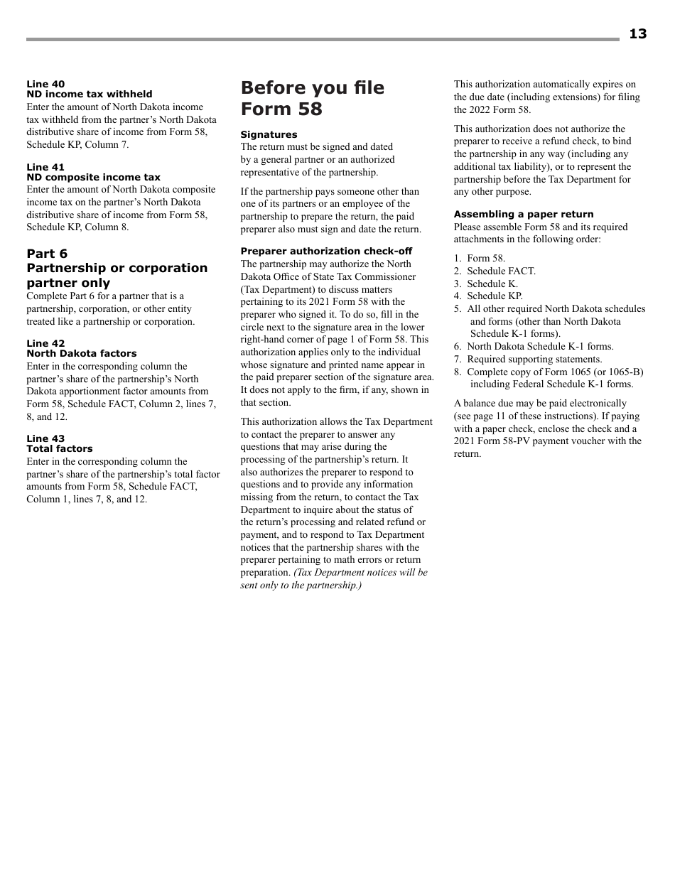Instructions for Form 58, SFN28703 Partnership Income Tax Return - North Dakota, Page 15