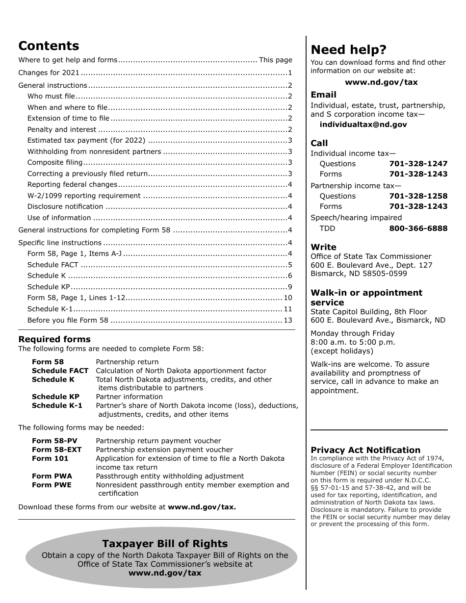 Instructions for Form 58, SFN28703 Partnership Income Tax Return - North Dakota, Page 2