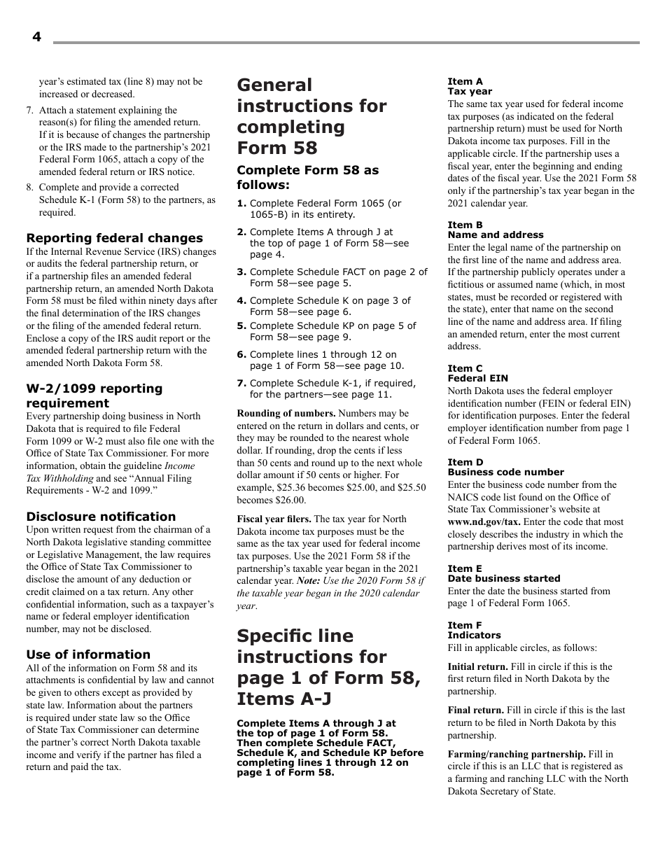 Instructions for Form 58, SFN28703 Partnership Income Tax Return - North Dakota, Page 6