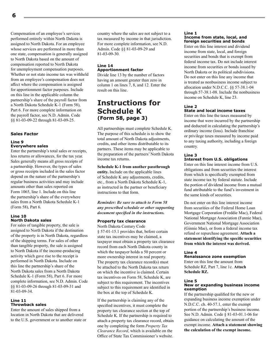 Instructions for Form 58, SFN28703 Partnership Income Tax Return - North Dakota, Page 8