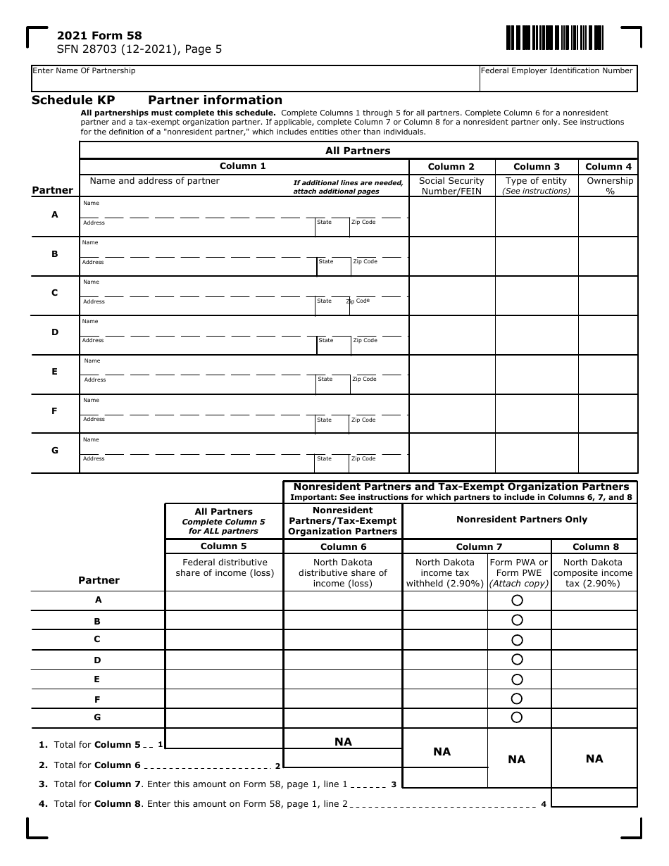 Form 58 (SFN28703) Schedule KP Partner Information - North Dakota, Page 1