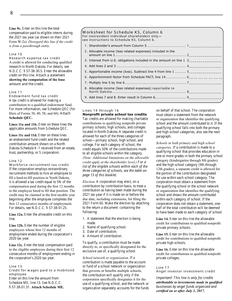 Instructions for Form 60, SFN28717 S Corporation Income Tax Return - North Dakota, Page 10