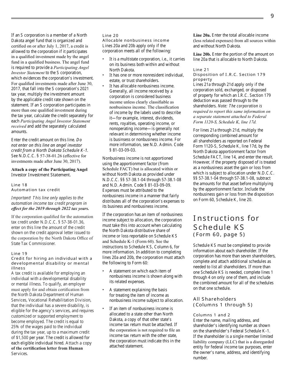 Instructions for Form 60, SFN28717 S Corporation Income Tax Return - North Dakota, Page 11