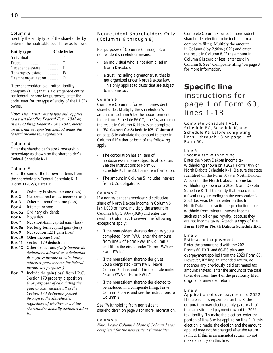 Instructions for Form 60, SFN28717 S Corporation Income Tax Return - North Dakota, Page 12