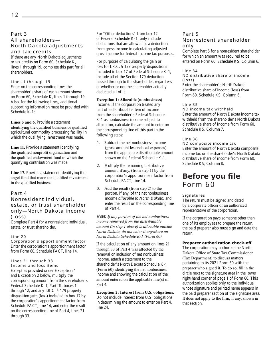 Instructions for Form 60, SFN28717 S Corporation Income Tax Return - North Dakota, Page 14