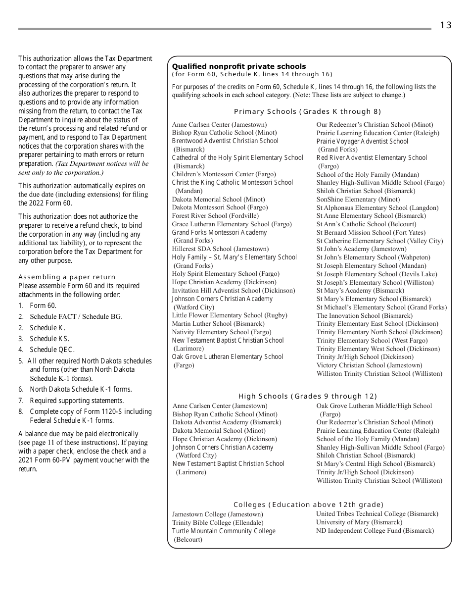 Instructions for Form 60, SFN28717 S Corporation Income Tax Return - North Dakota, Page 15