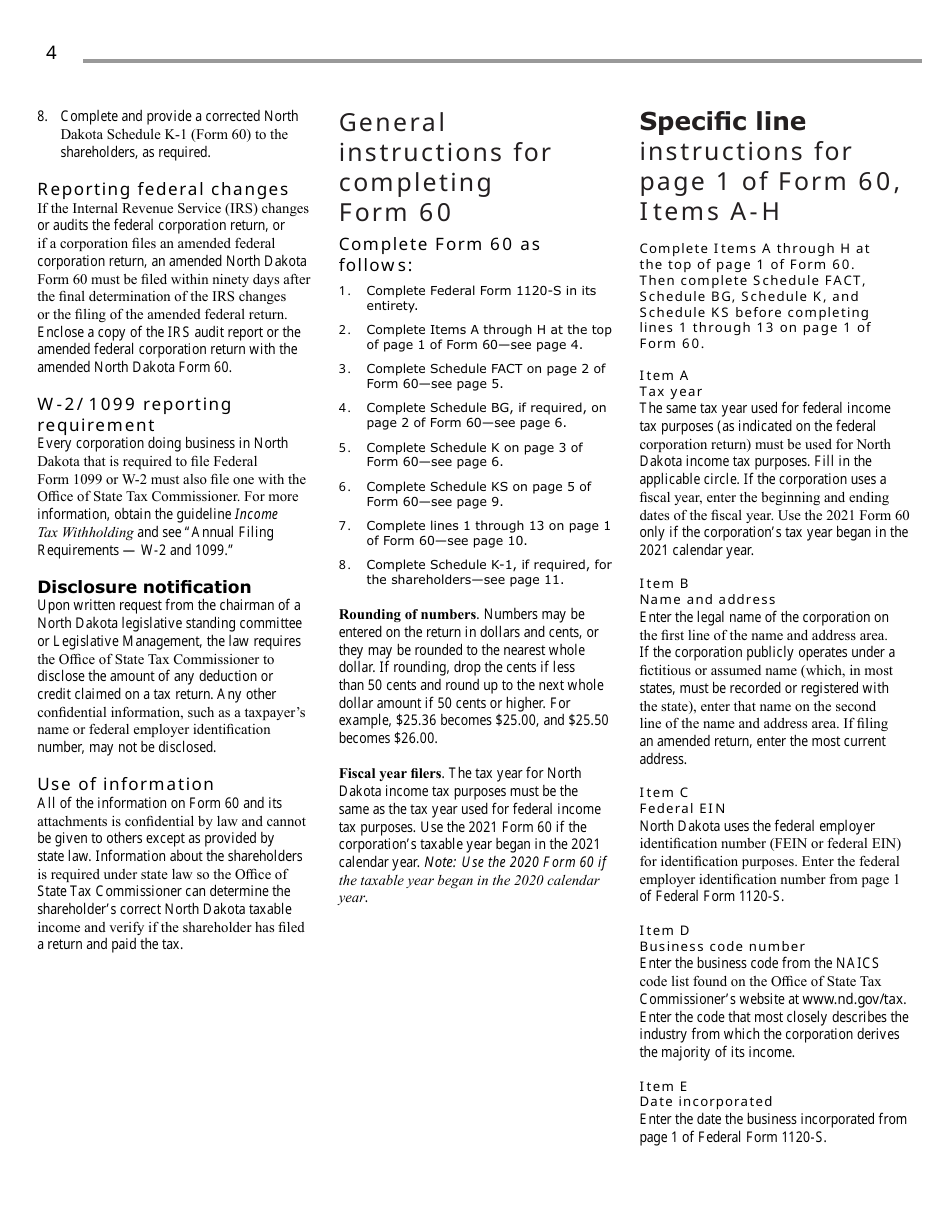 Instructions for Form 60, SFN28717 S Corporation Income Tax Return - North Dakota, Page 6