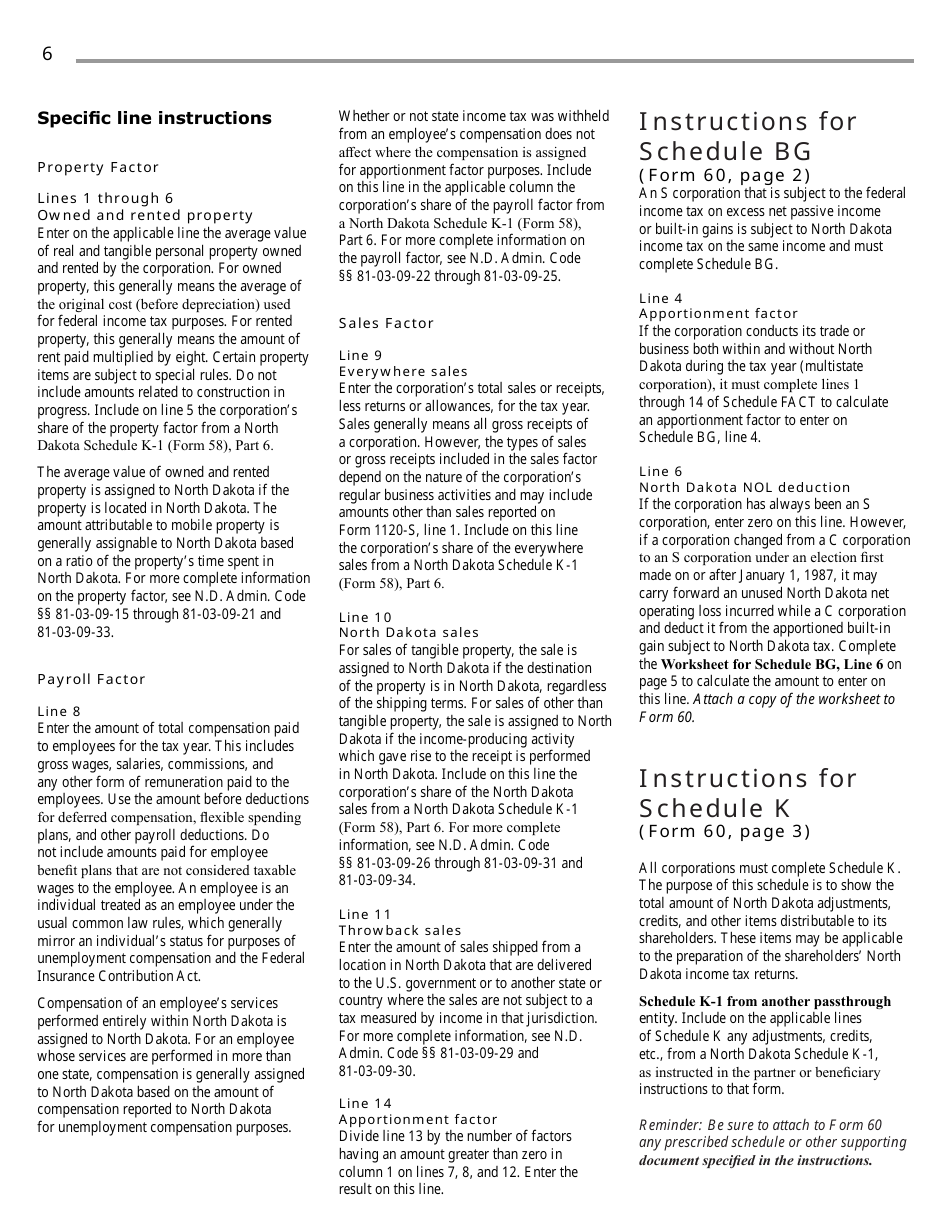 Instructions for Form 60, SFN28717 S Corporation Income Tax Return - North Dakota, Page 8