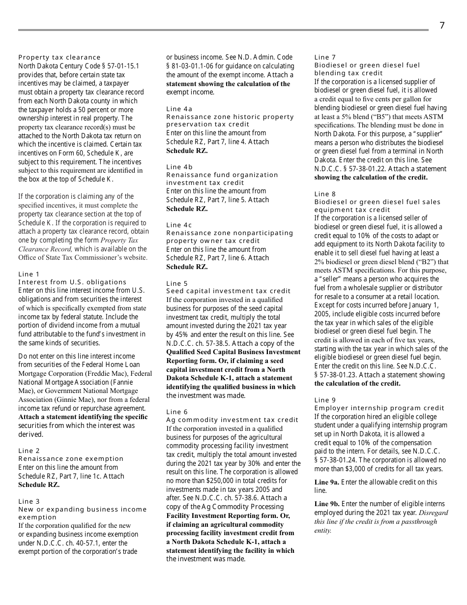 Instructions for Form 60, SFN28717 S Corporation Income Tax Return - North Dakota, Page 9