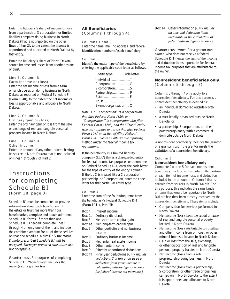 Instructions for Form 38, SFN28707 Fiduciary Income Tax Return - North Dakota, Page 10