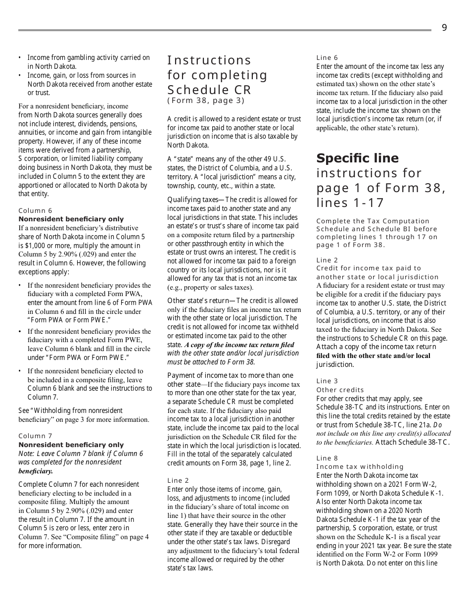 Instructions for Form 38, SFN28707 Fiduciary Income Tax Return - North Dakota, Page 11