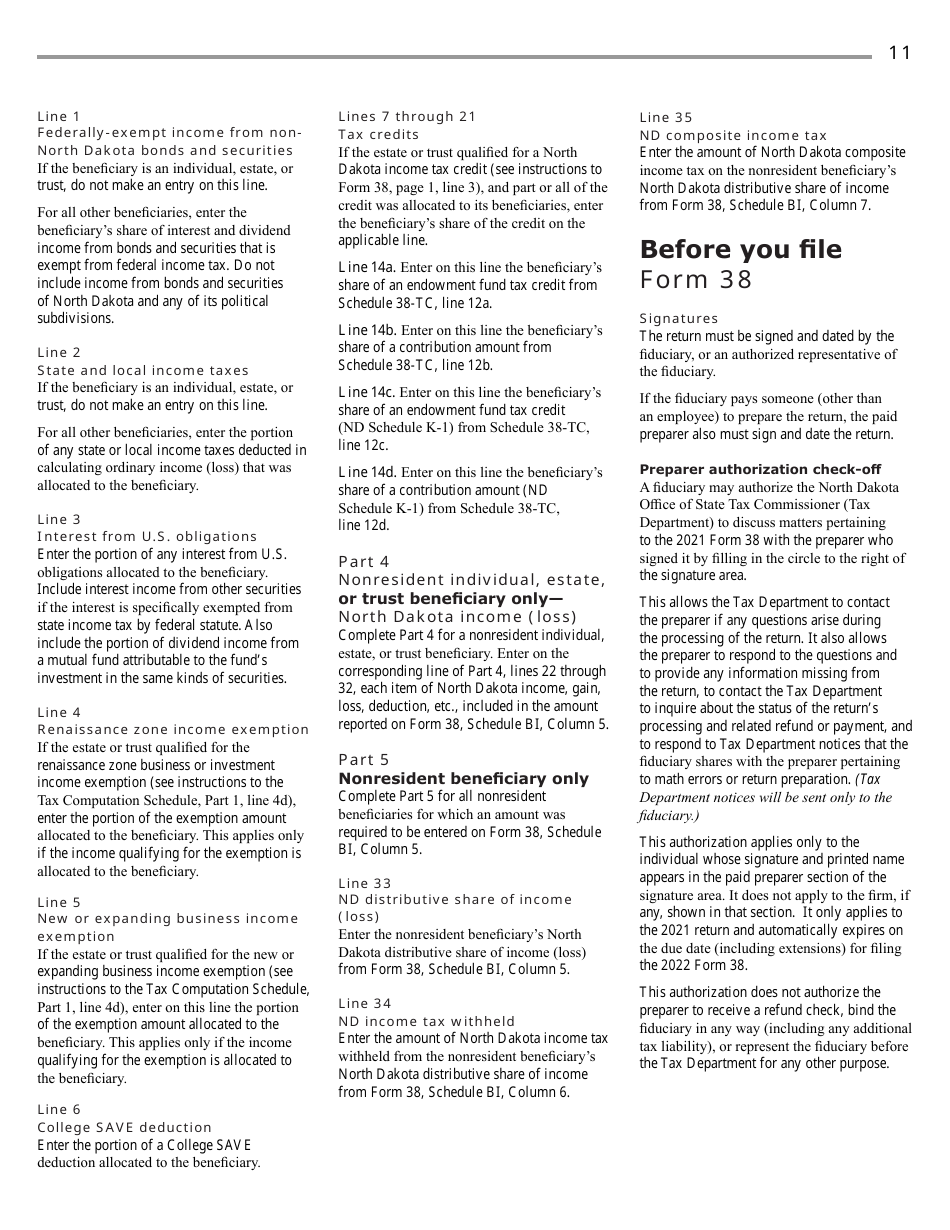 Instructions for Form 38, SFN28707 Fiduciary Income Tax Return - North Dakota, Page 13