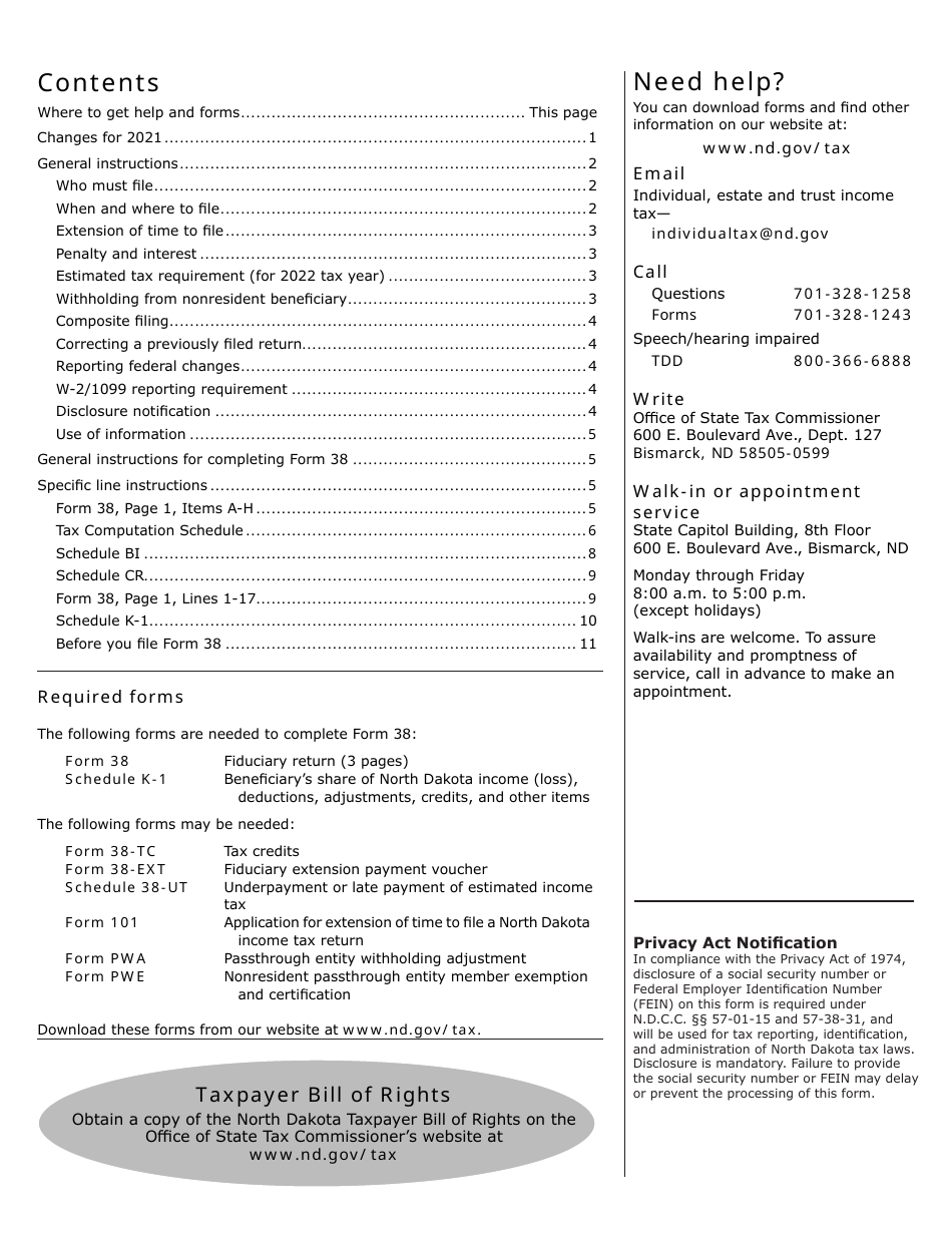 Instructions for Form 38, SFN28707 Fiduciary Income Tax Return - North Dakota, Page 2