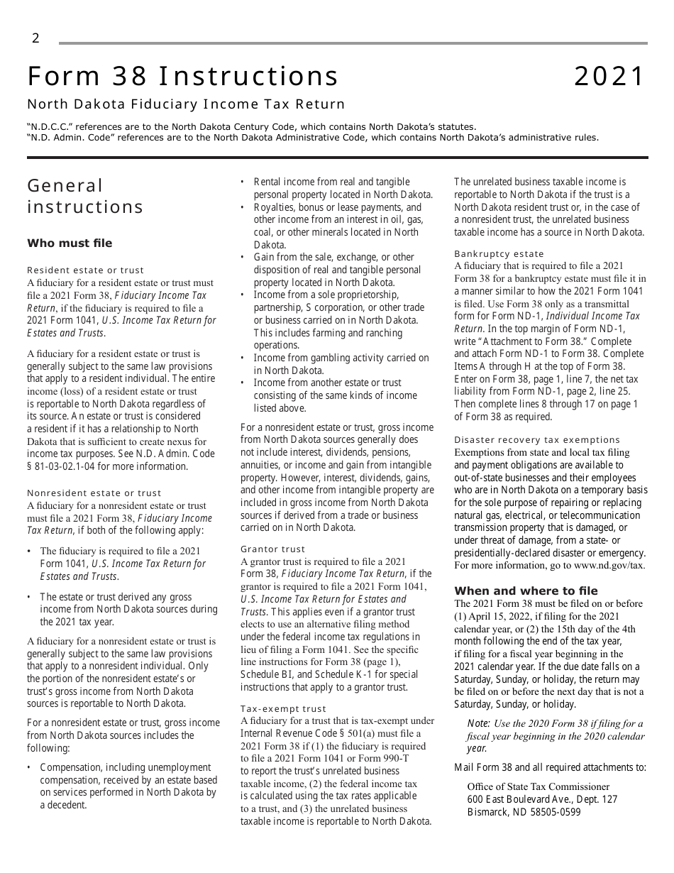 Instructions for Form 38, SFN28707 Fiduciary Income Tax Return - North Dakota, Page 4
