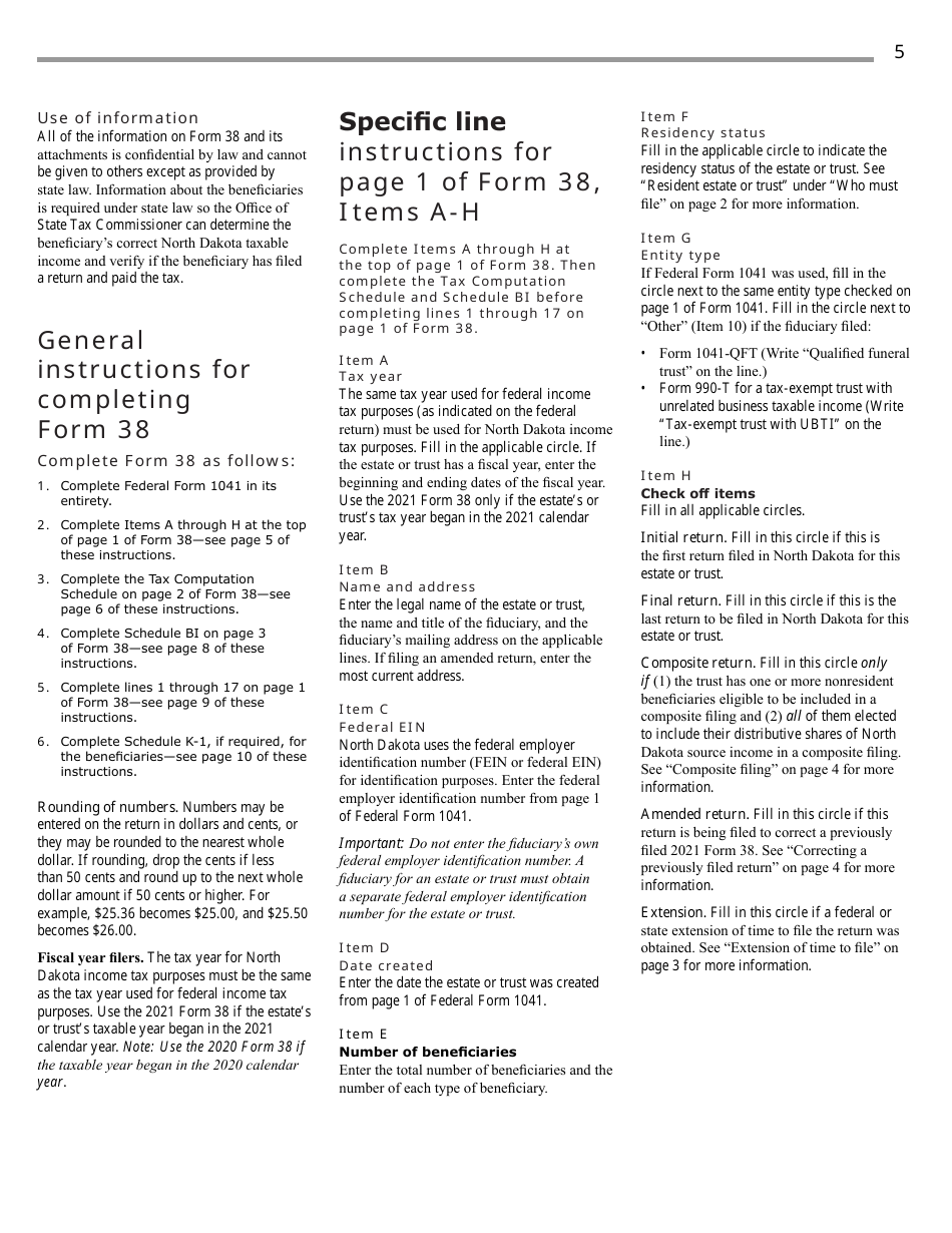 Instructions for Form 38, SFN28707 Fiduciary Income Tax Return - North Dakota, Page 7