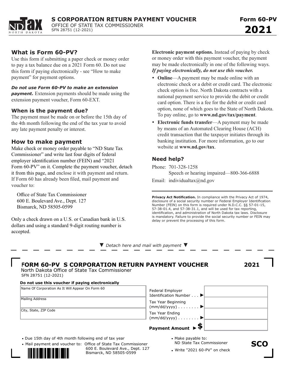 Form 60-PV (SFN28751) S Corporation Return Payment Voucher - North Dakota, Page 1