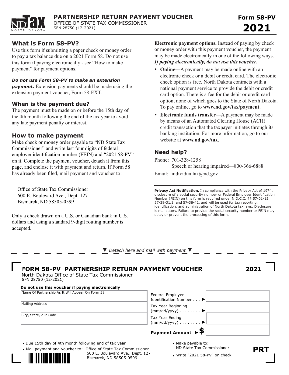 Form 58-PV (SFN28750) Partnership Return Payment Voucher - North Dakota, Page 1