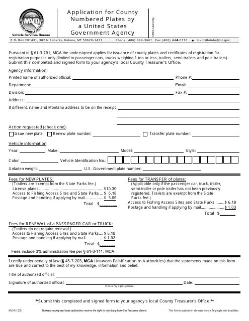 Form MV54 Application for County Numbered Plates by a United States Government Agency - Montana