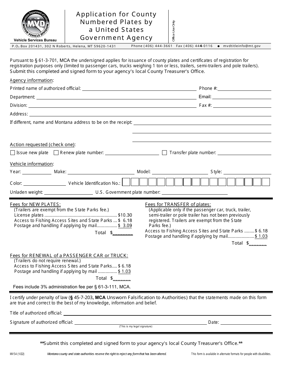 Form MV54 Application for County Numbered Plates by a United States Government Agency - Montana, Page 1