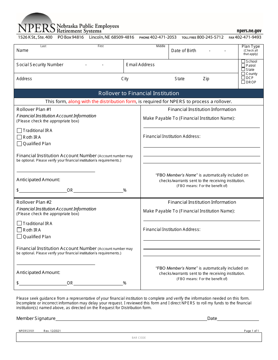 Form NPERS3101 Rollover to Financial Institution - Nebraska, Page 1