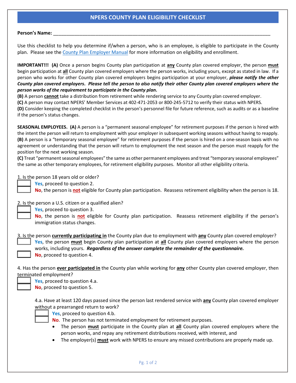 Npers County Plan Eligibility Checklist - Nebraska, Page 1