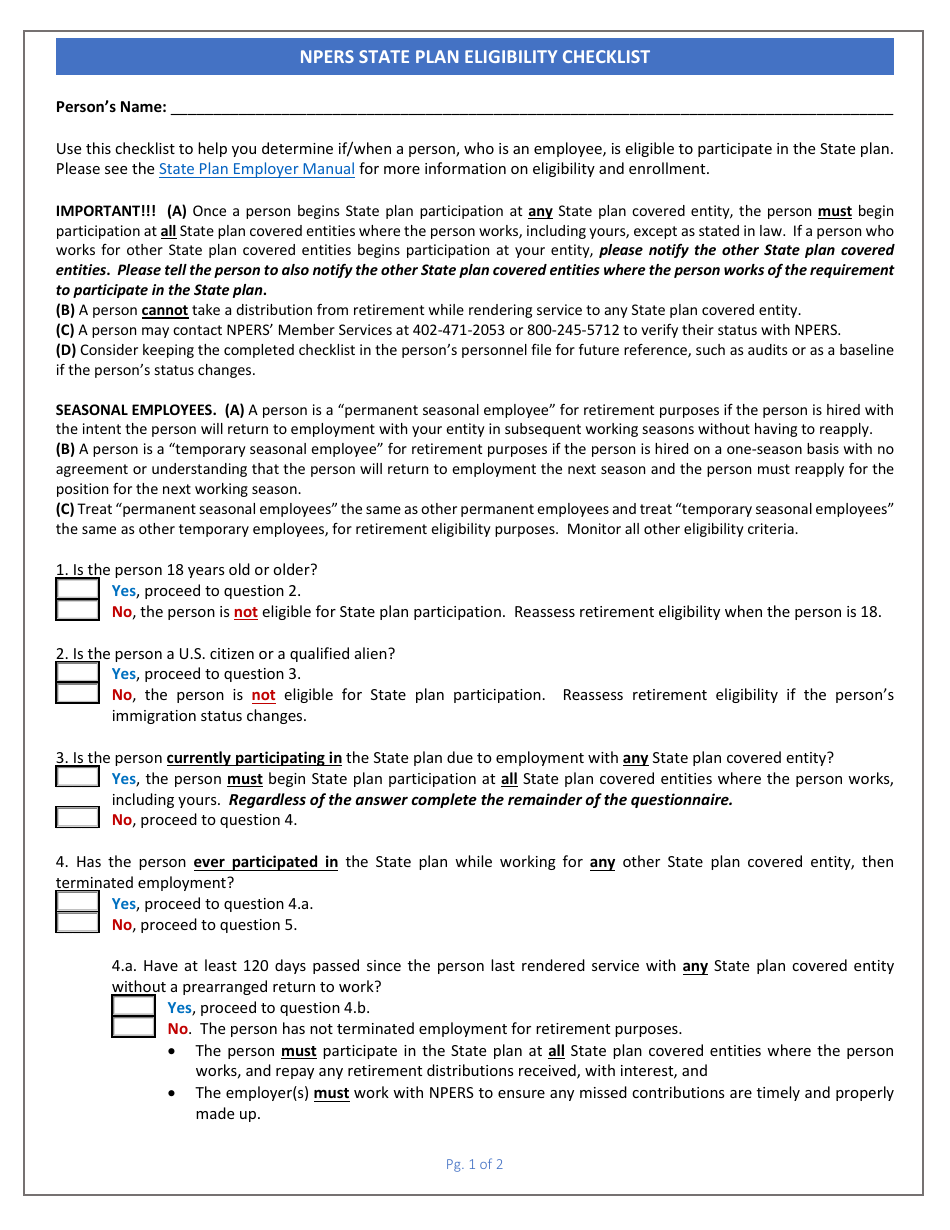 Npers State Plan Eligibility Checklist - Nebraska, Page 1