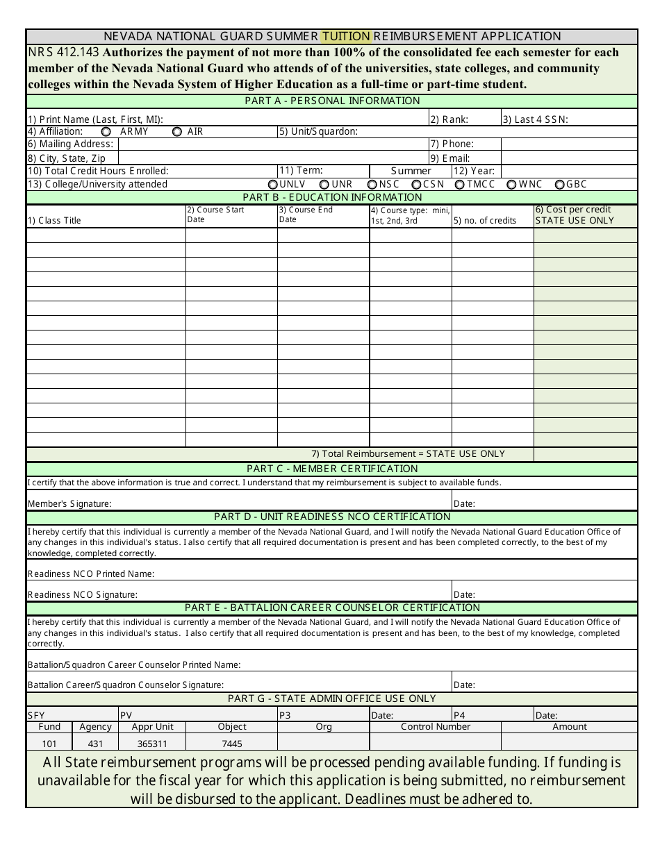 Nevada National Guard Summer Tuition Reimbursement Application - Nevada, Page 1