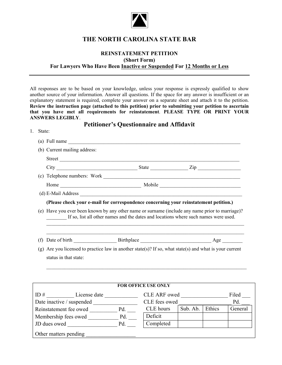 Petition for Reinstatement for Lawyers Who Have Been Inactive or Suspended for 12 Months or Less - Short Form - North Carolina, Page 2