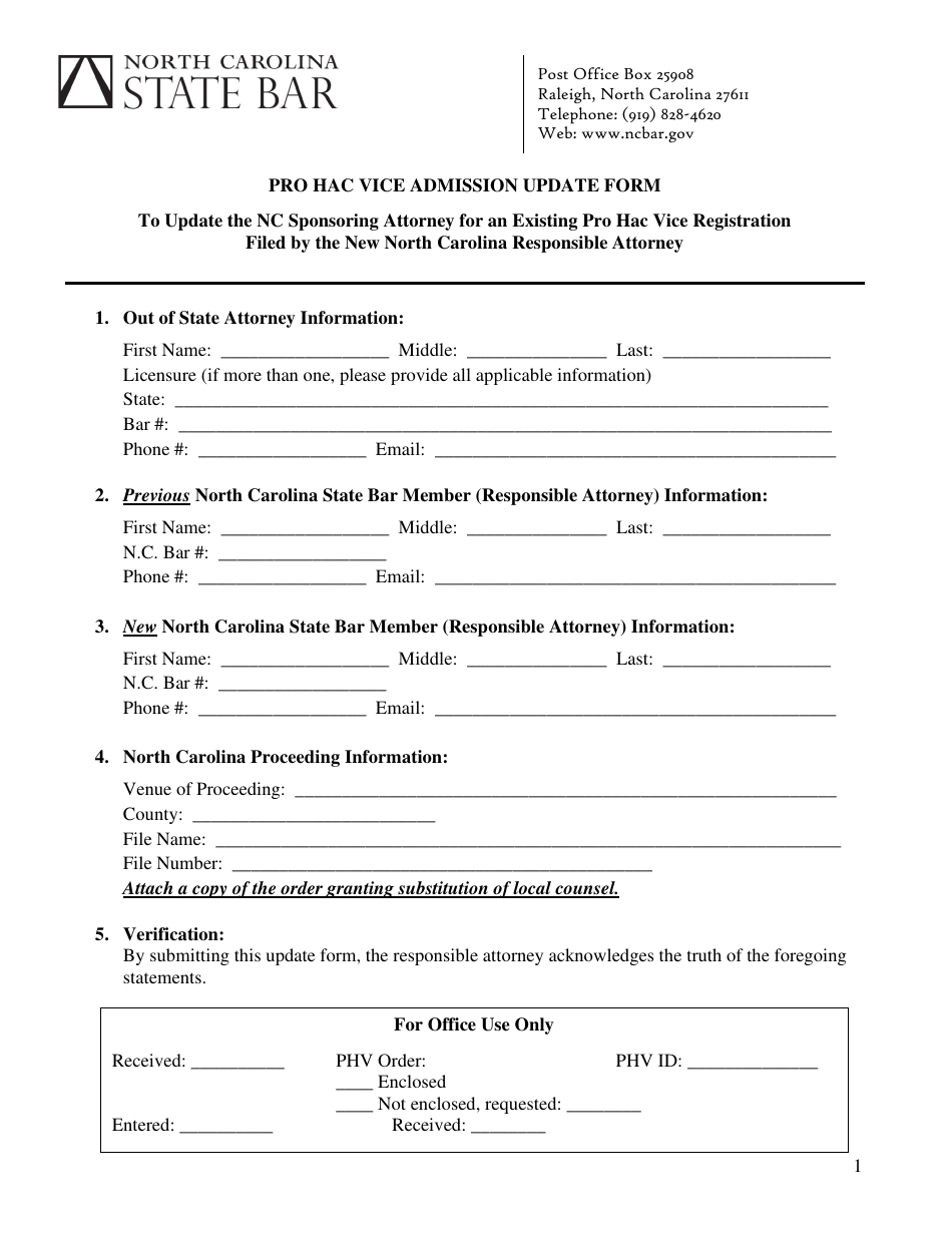 Pro Hac Vice Admission Update Form - North Carolina, Page 1