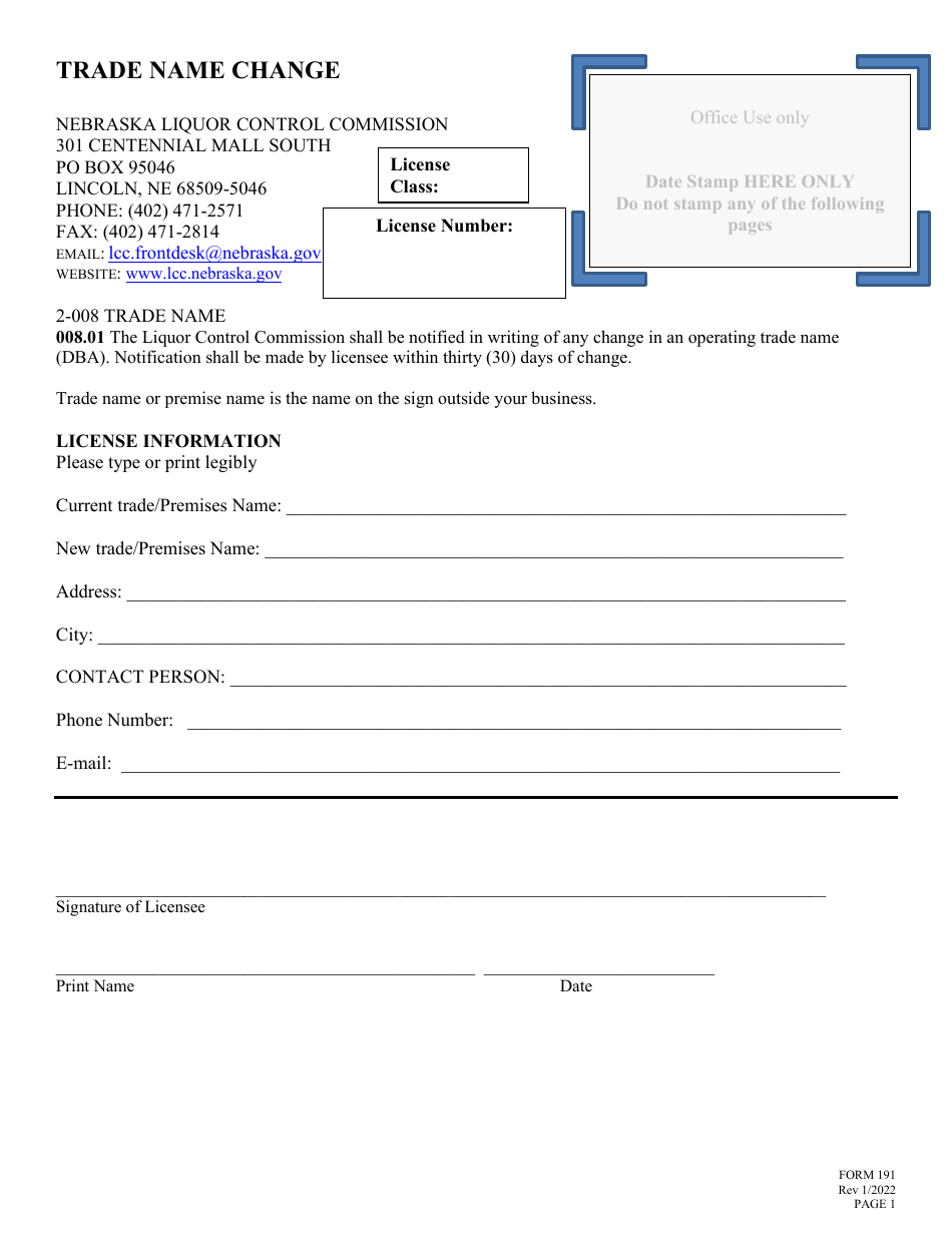 Form 191 Trade Name Change - Nebraska, Page 1