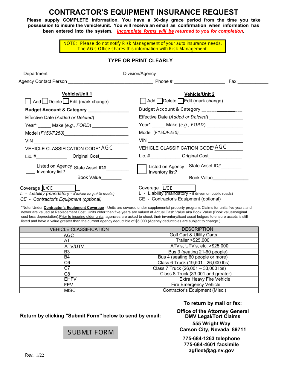 Contractors Equipment Insurance Request - Nevada, Page 1