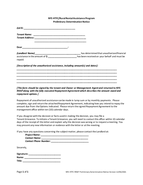 Preliminary Determination Notice - NYS Htfc/Rural Rental Assistance Program - New York