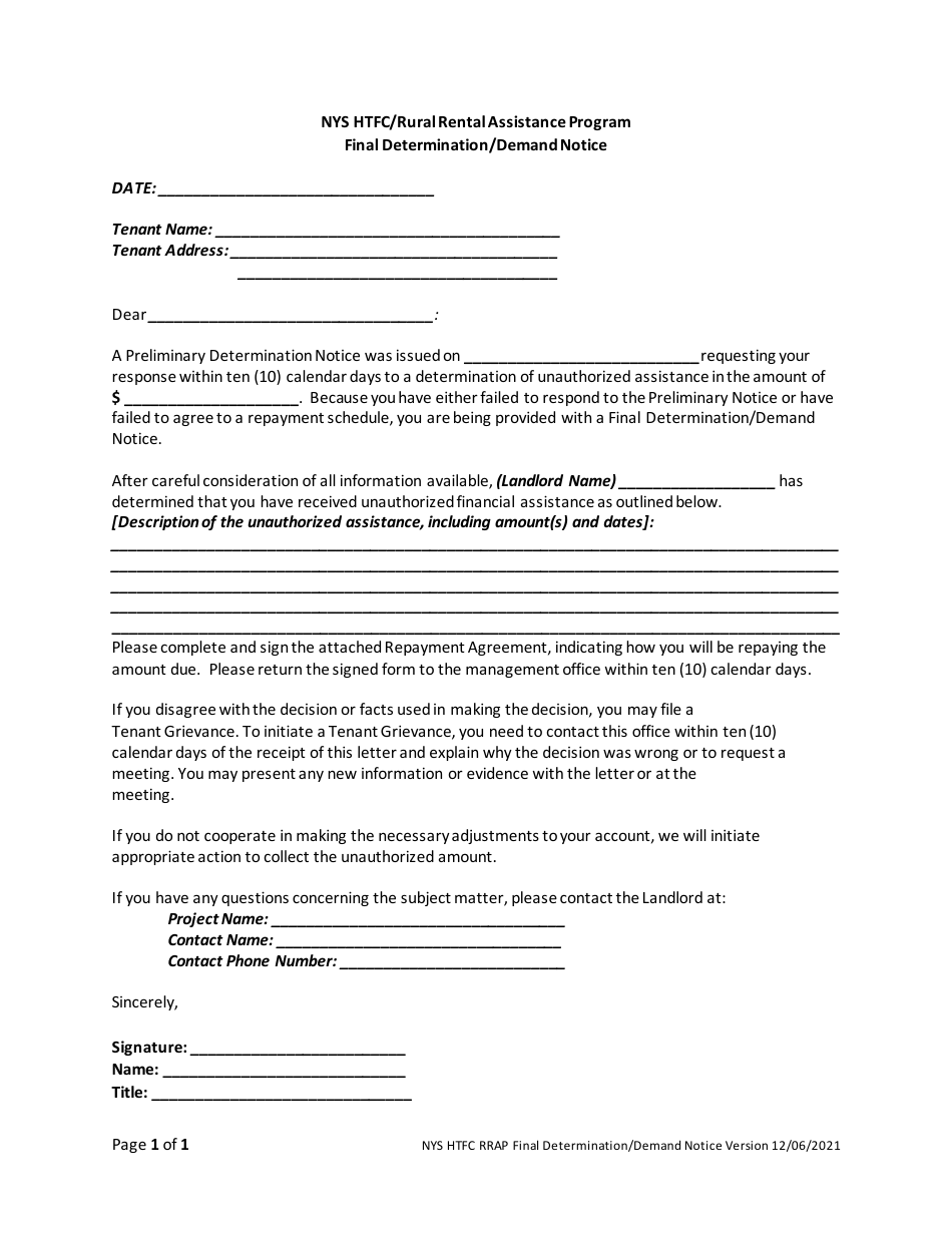 New York Final Determination/Demand Notice NYS Htfc/Rural Rental