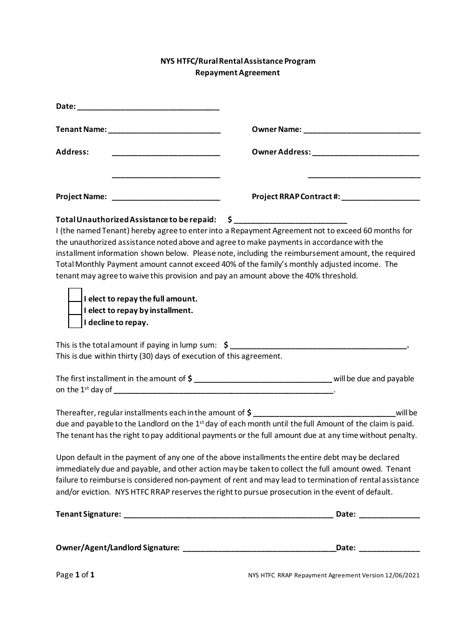 Repayment Agreement - NYS Htfc / Rural Rental Assistance Program - New York, Page 1