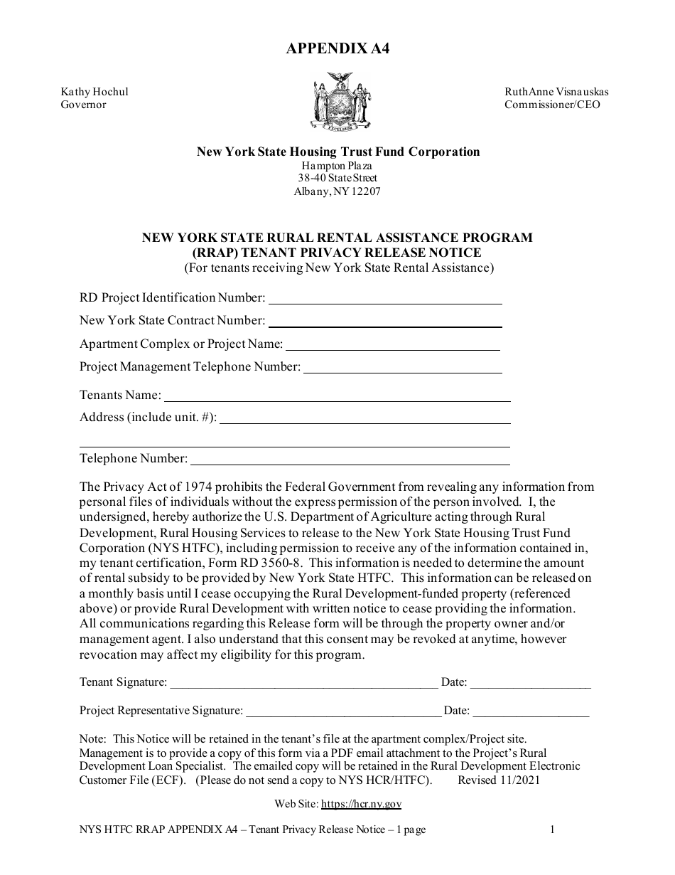 Appendix A4 Tenant Privacy Release Notice - New York State Rural Rental Assistance Program - New York, Page 1
