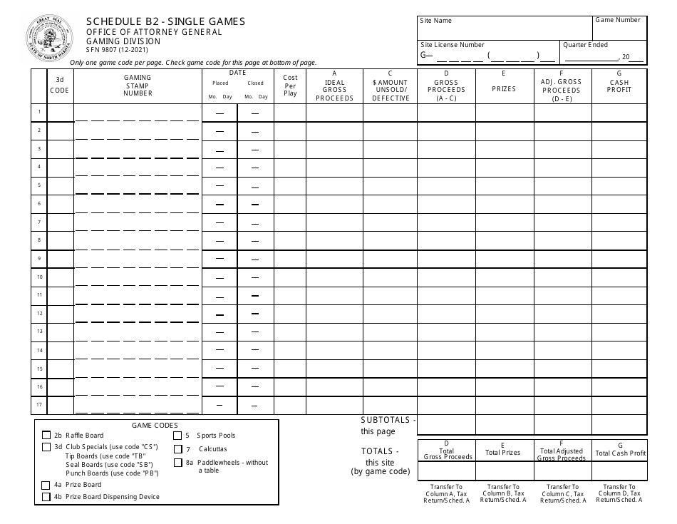 Form SFN9807 Schedule B2 Single Games - North Dakota, Page 1