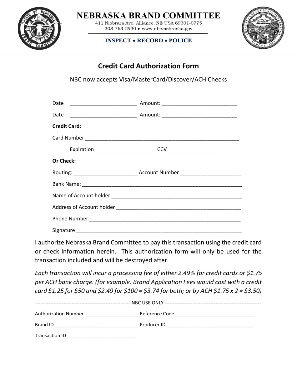 Credit Card Authorization Form - Nebraska, Page 1