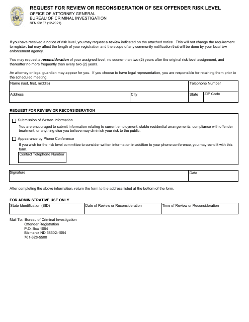 Form SFN53187 Request for Review or Reconsideration of Sex Offender Risk Level - North Dakota