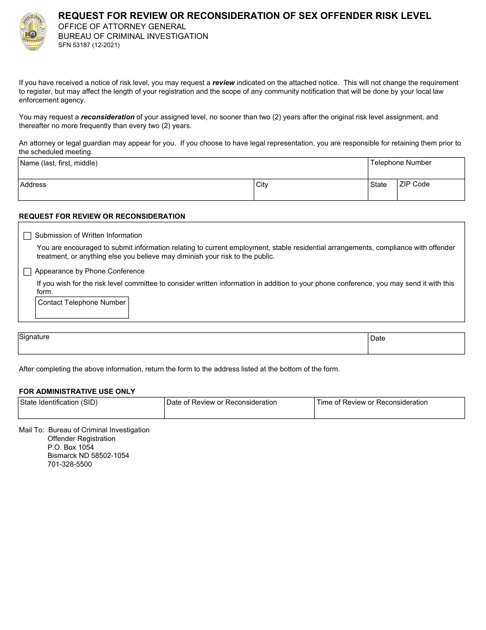 Form Sfn53187 Download Fillable Pdf Or Fill Online Request For Review Or Reconsideration Of Sex 9204