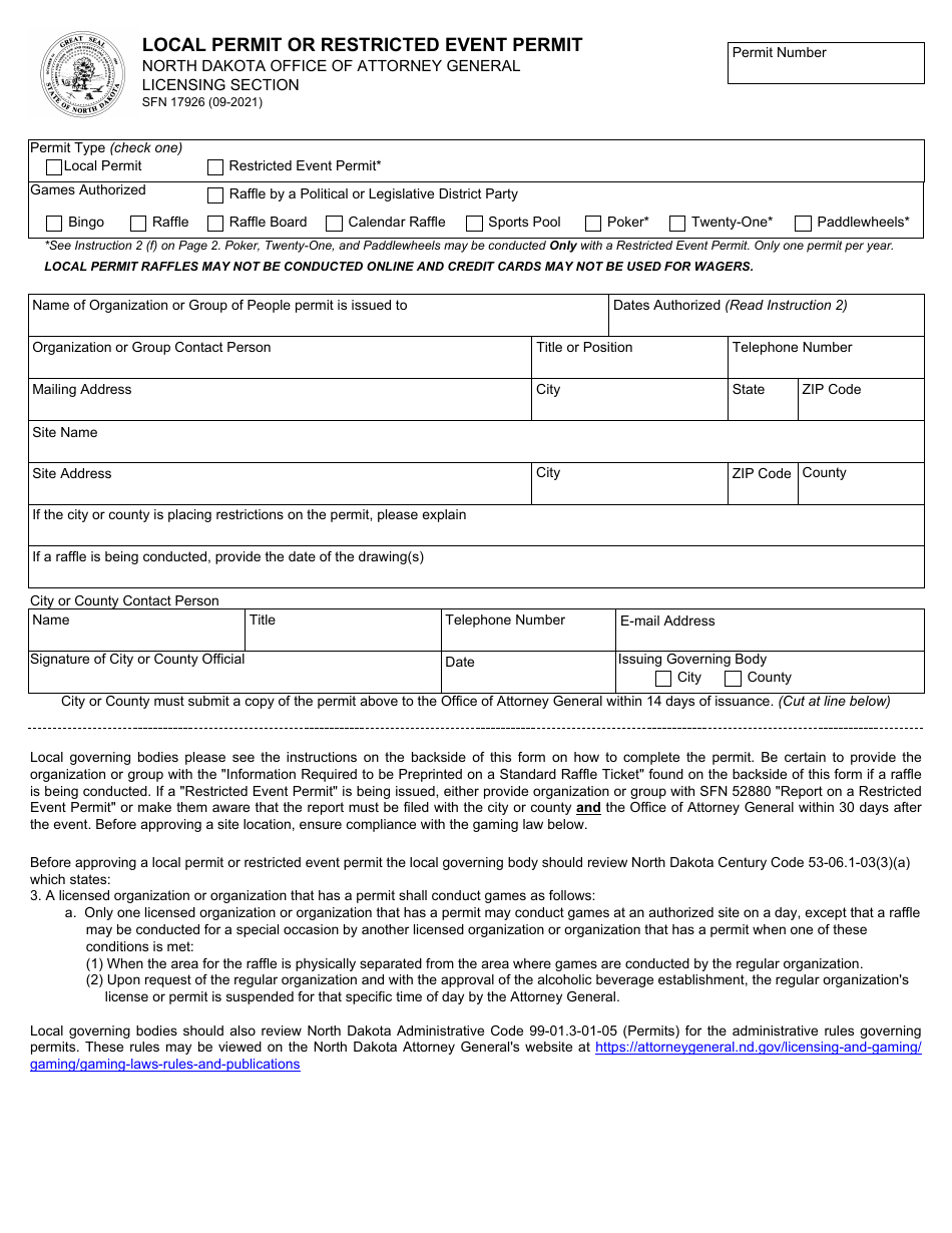 Form SFN17926 - Fill Out, Sign Online and Download Fillable PDF, North ...