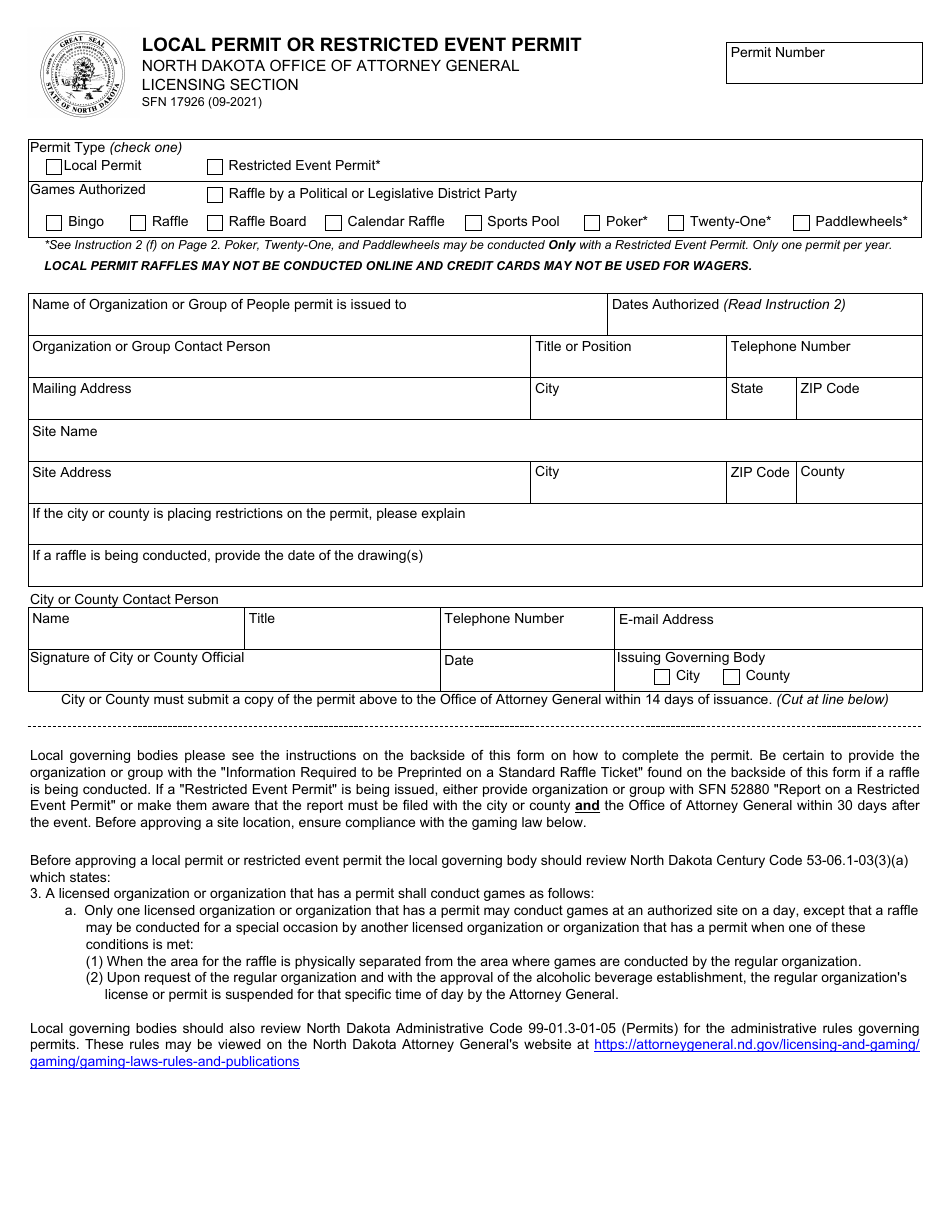 Form SFN17926 Local Permit or Restricted Event Permit - North Dakota, Page 1