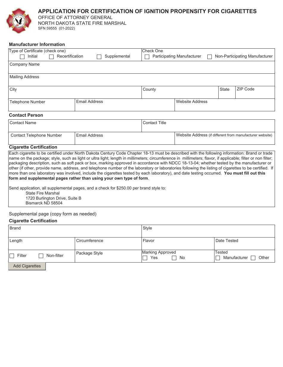 Form SFN59555 Application for Certification of Ignition Propensity for Cigarettes - North Dakota, Page 1