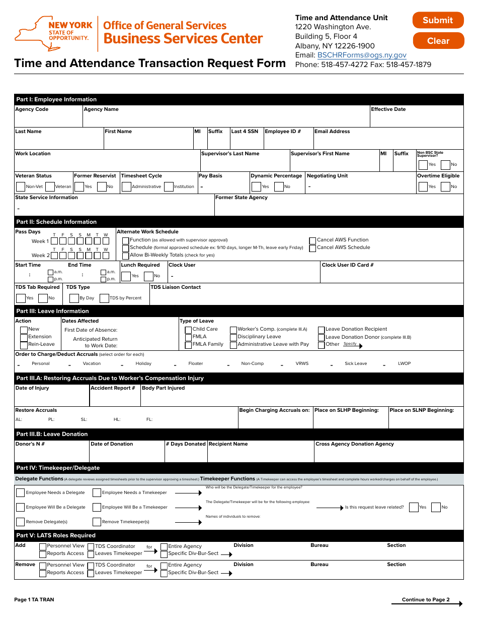 Time and Attendance Transaction Request Form - New York, Page 1