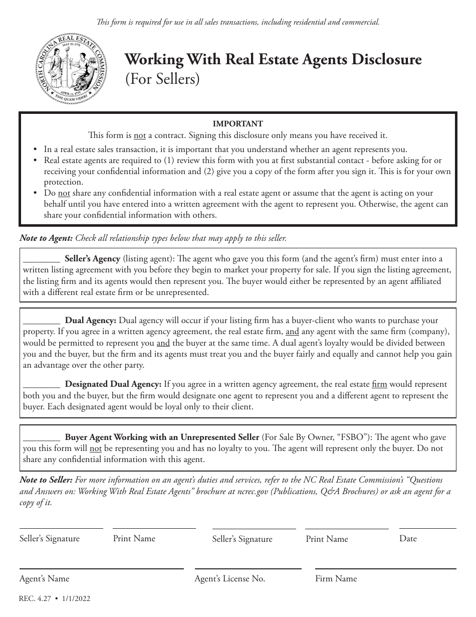 Form REC4.27 Working With Real Estate Agents Disclosure - North Carolina, Page 1