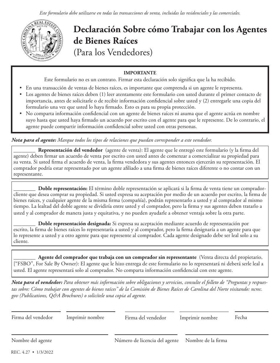 Formulario REC4.27 Declaracion Sobre Como Trabajar Con Los Agentes De Bienes Raices - North Carolina (Spanish), Page 1