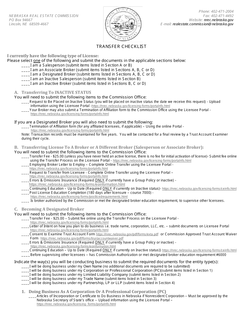 Transfer Checklist - Nebraska, Page 1