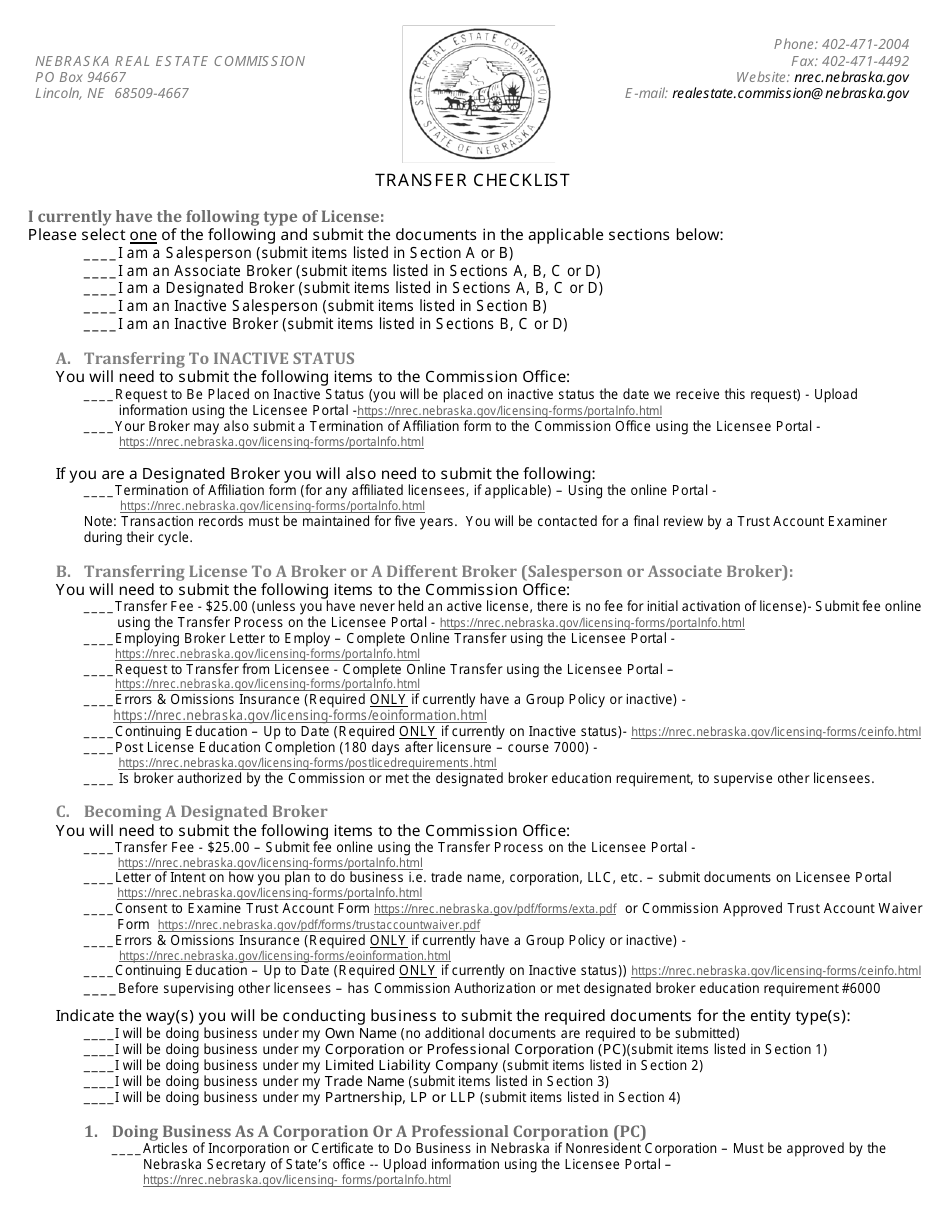 Nebraska Transfer Checklist Download Printable PDF Templateroller